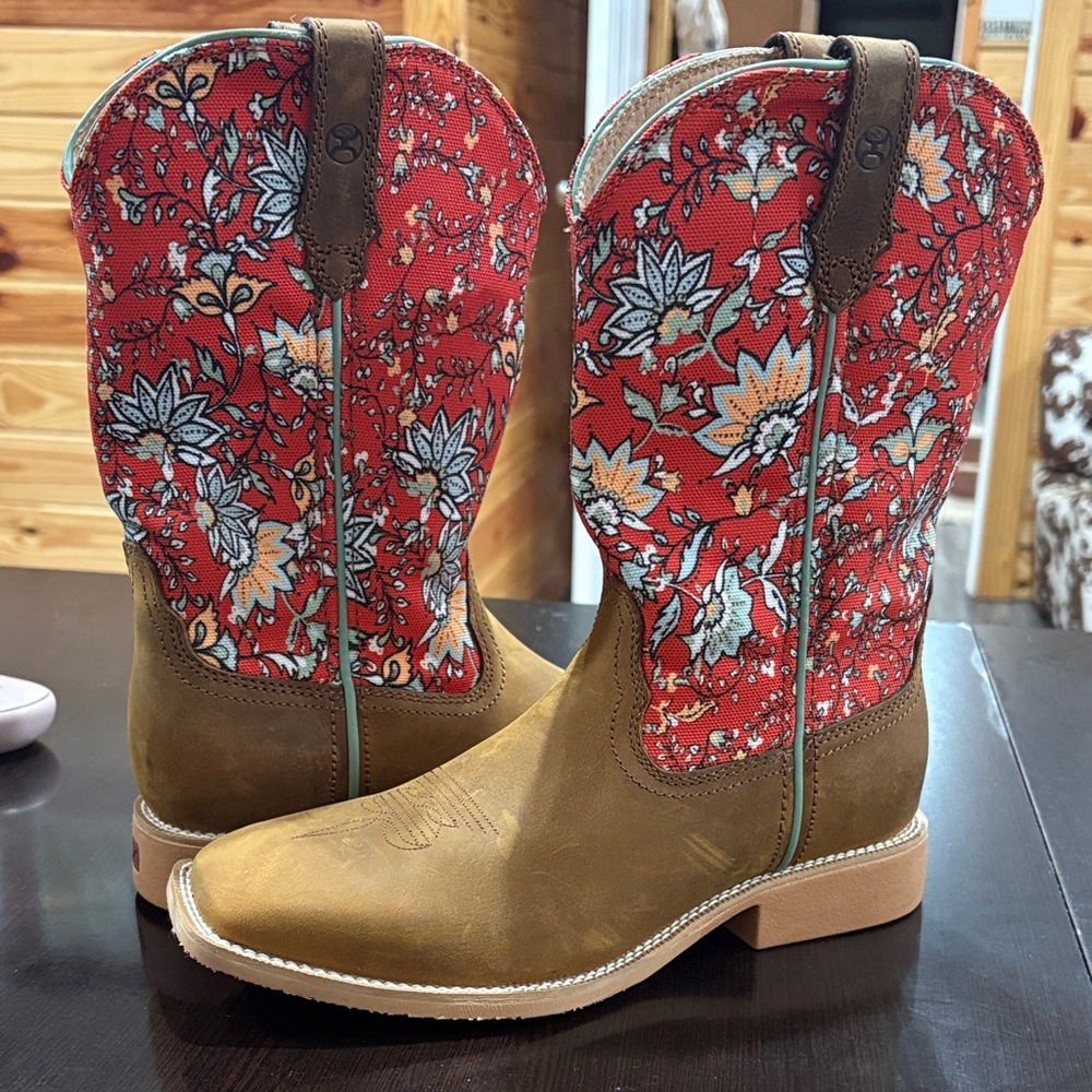 Twisted X Kids Cowboy Boots Red Floral with Brown Foot